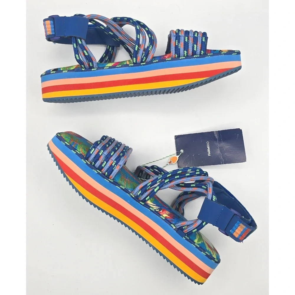 Farm Rio Blue Macaw Platform Rope Sandals Tropical Rainbow Striped 10 NEW